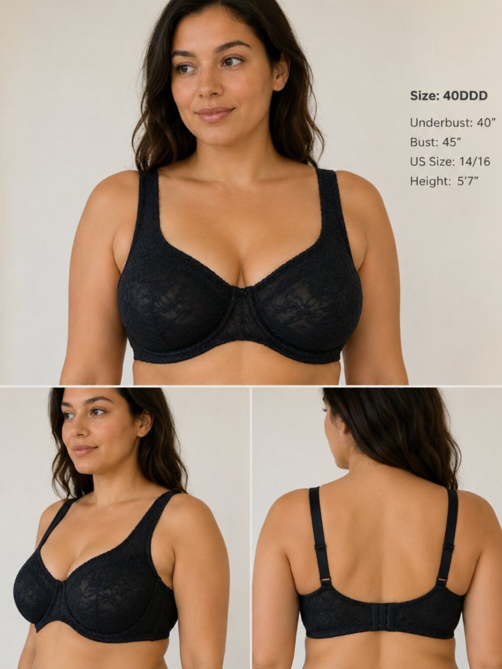 Cacique Lace Underwire Bra – 40DDD – NWT – Black Sheer Floral Lace